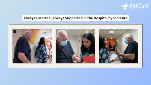 IndiCure team member escorting and supporting Stephen Foster, a Kiwi patient, inside the hospital for his knee replacement surgery in India.